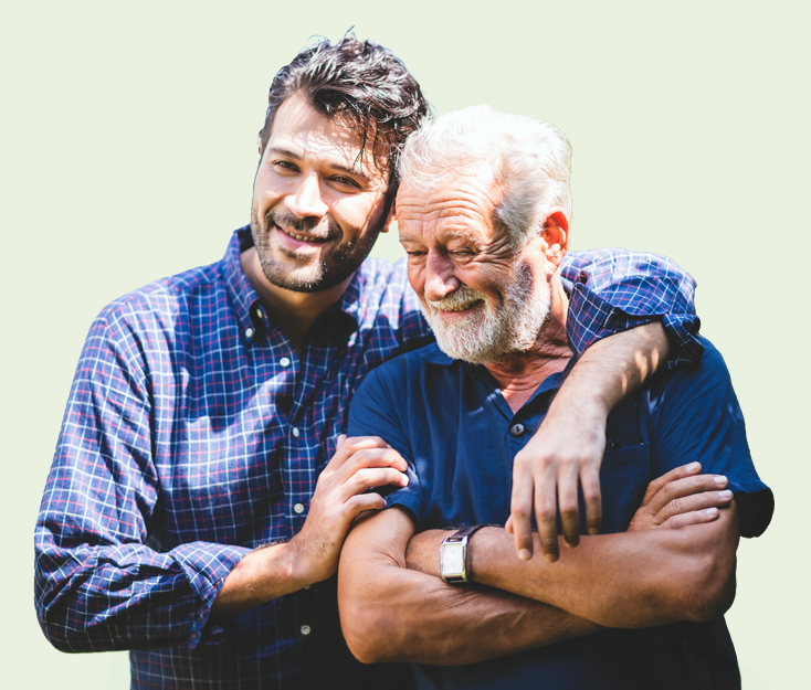 Grown up son with his arm around his father.